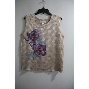August Max Woman 1X‎ Gold Popcorn Textured Sleeveless Purple Floral Blouse Top